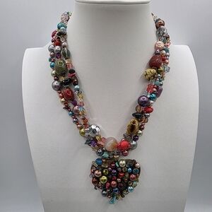 Vintage Nena Multi-strand Statement Necklace Semi Precious Stone Heart Pendant